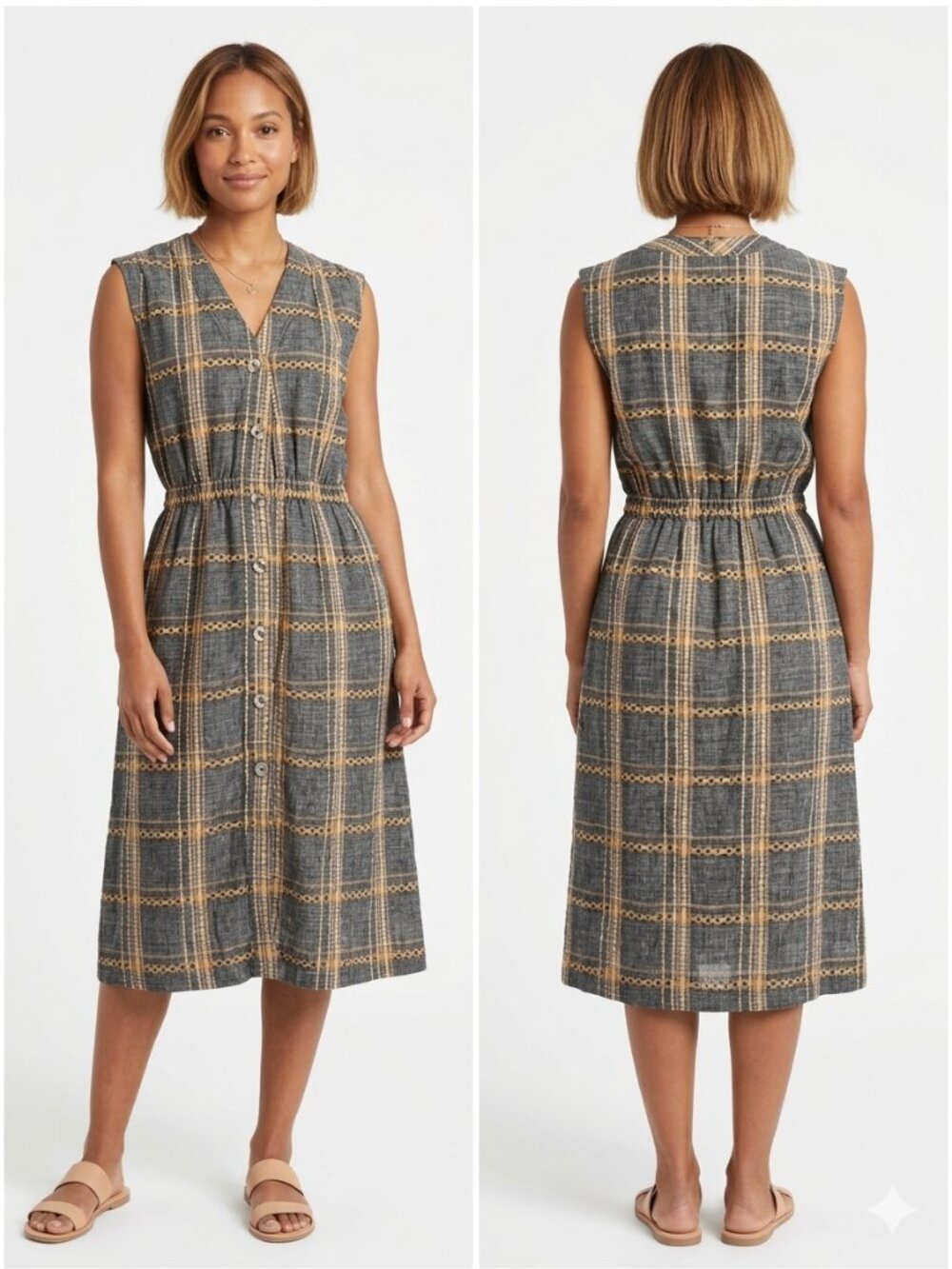 Tucker Plaid Textured Button Front Midi Dress Elastic Waist Size S P